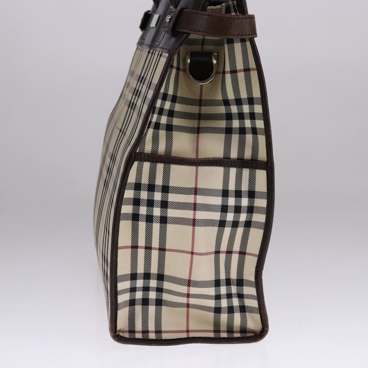 BURBERRY Nova Check Hand Bag Canvas Leather Beige Brown Silver Auth 112330