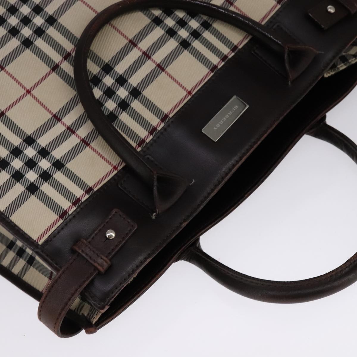 BURBERRY Nova Check Hand Bag Canvas Leather Beige Brown Silver Auth 112330