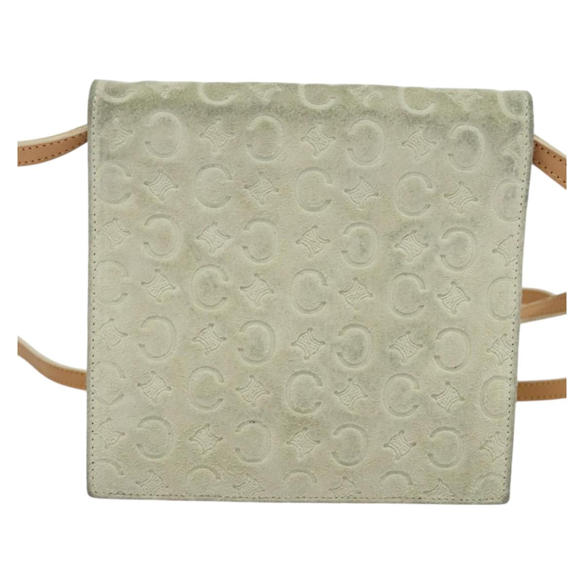 CELINE C Macadam Canvas Shoulder Wallet Suede White Auth 112493