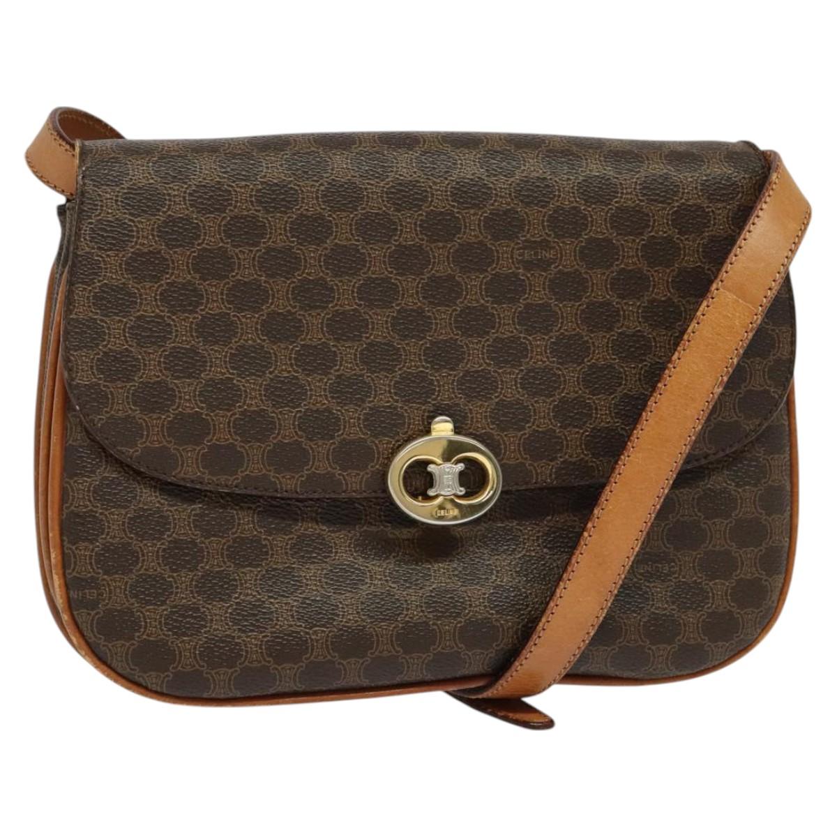 CELINE Macadam Canvas Shoulder Bag PVC Leather Brown Gold Auth 112874