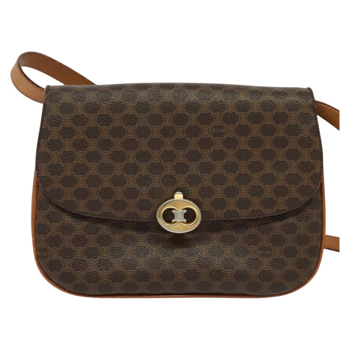 CELINE Macadam Canvas Shoulder Bag PVC Leather Brown Gold Auth 112874