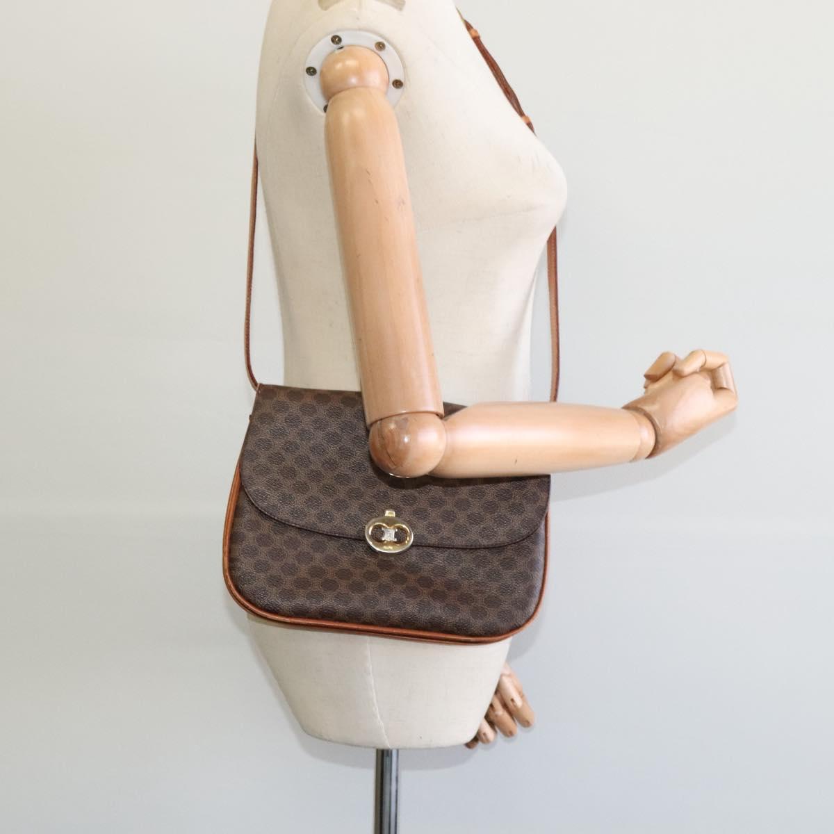 CELINE Macadam Canvas Shoulder Bag PVC Leather Brown Gold Auth 112874