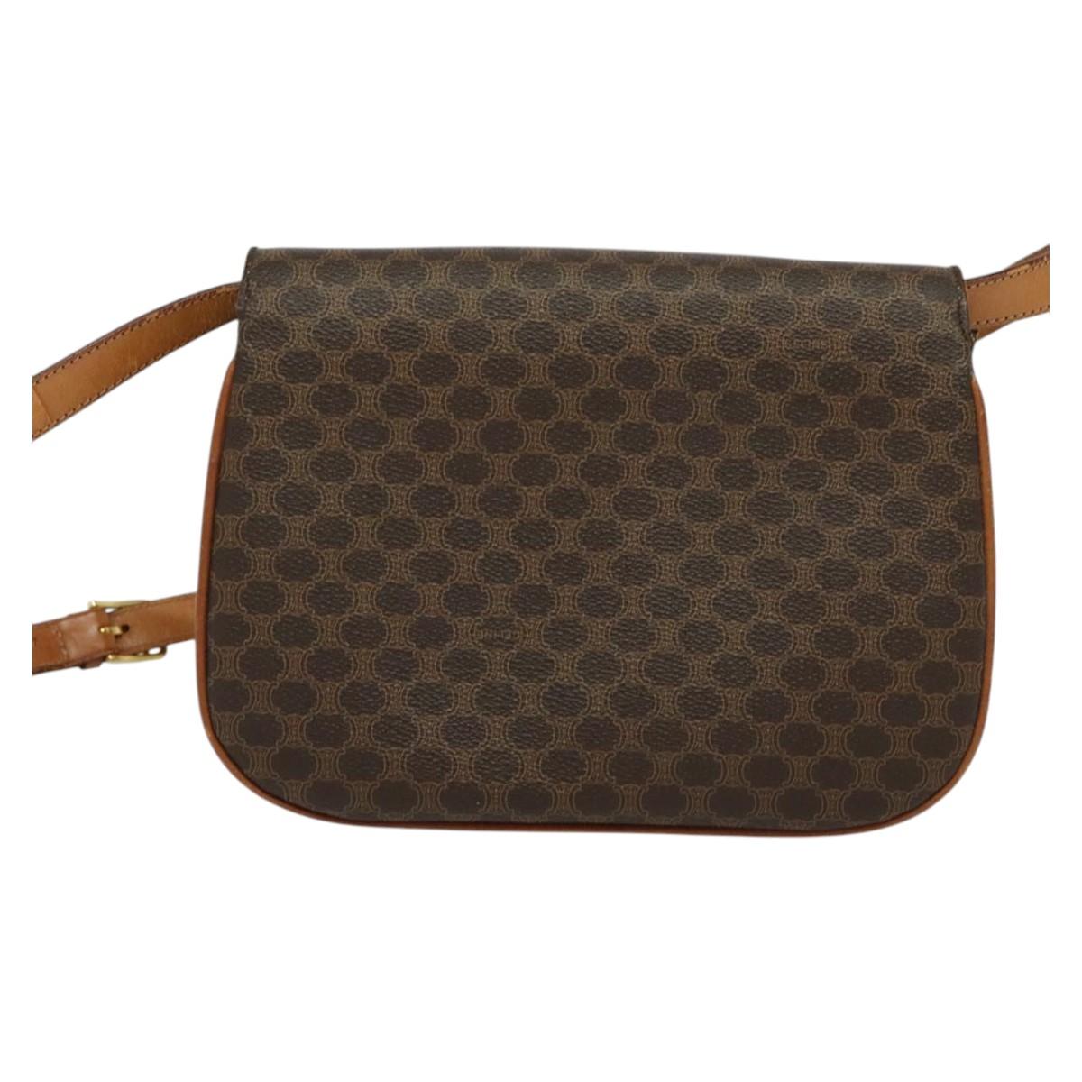 CELINE Macadam Canvas Shoulder Bag PVC Leather Brown Gold Auth 112874