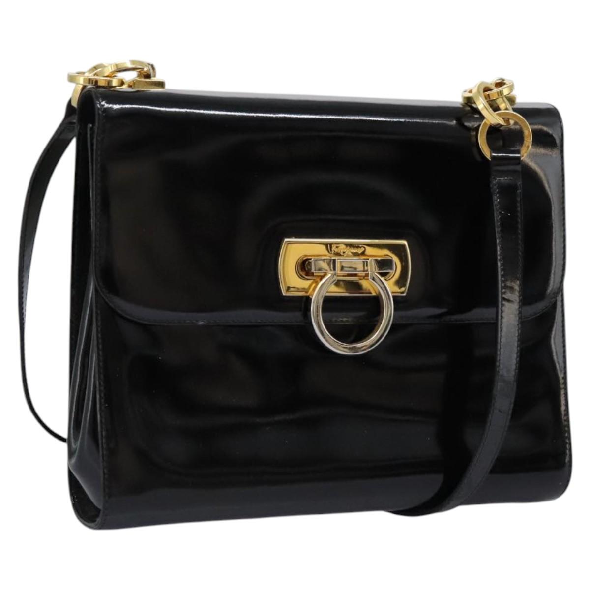 Salvatore Ferragamo Gancini Shoulder Bag Enamel Black Gold Auth 112878