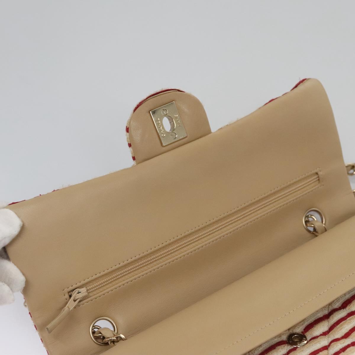 CHANEL Matelasse 25 Border Double Flap Chain Hand Cotton Red CC Auth 112984V