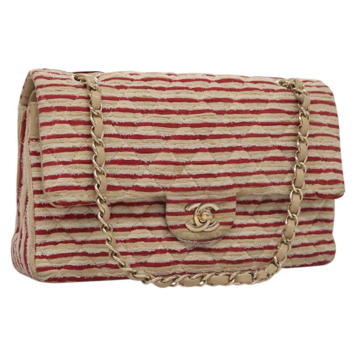 CHANEL Matelasse 25 Border Double Flap Chain Hand Cotton Red CC Auth 112984V
