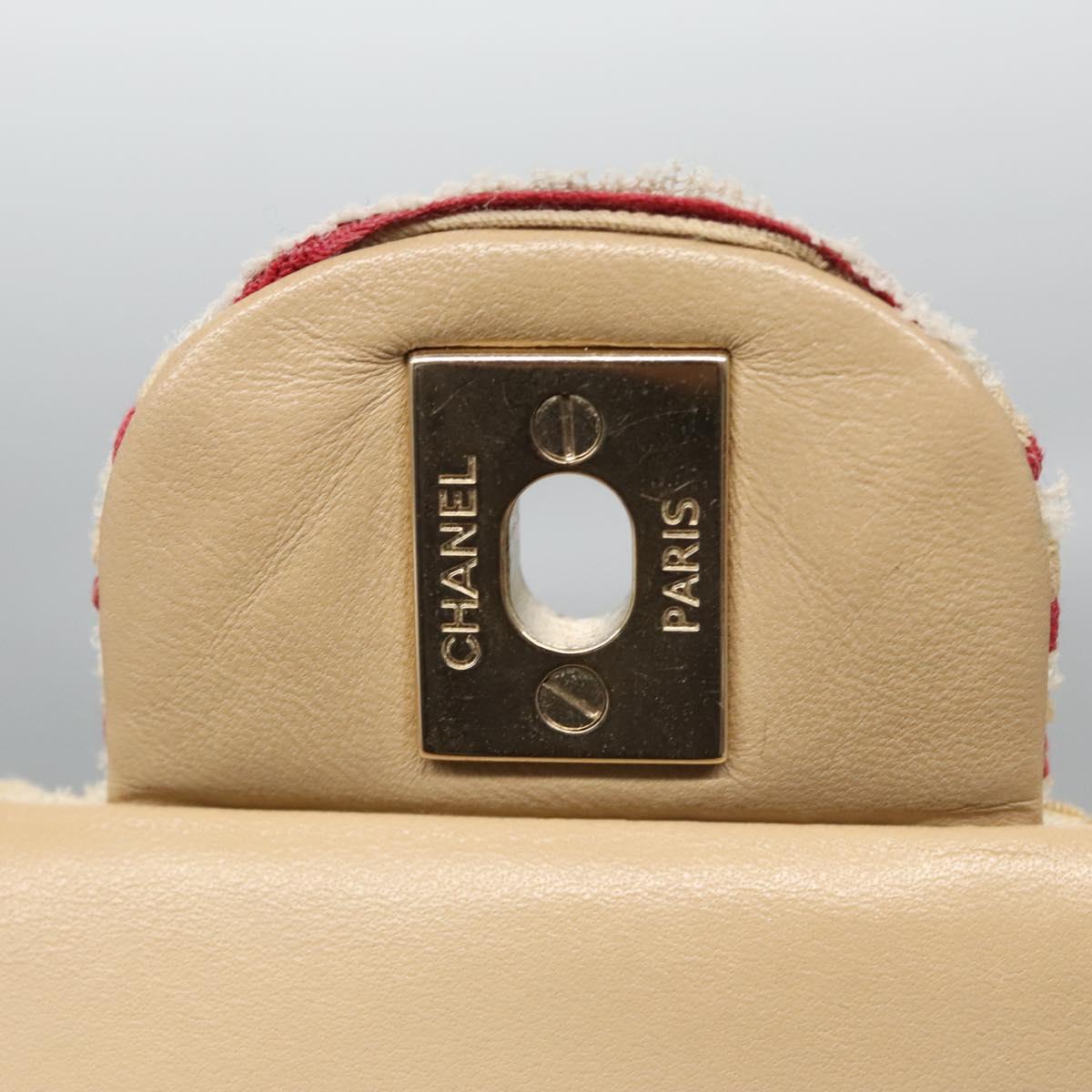 CHANEL Matelasse 25 Border Double Flap Chain Hand Cotton Red CC Auth 112984V