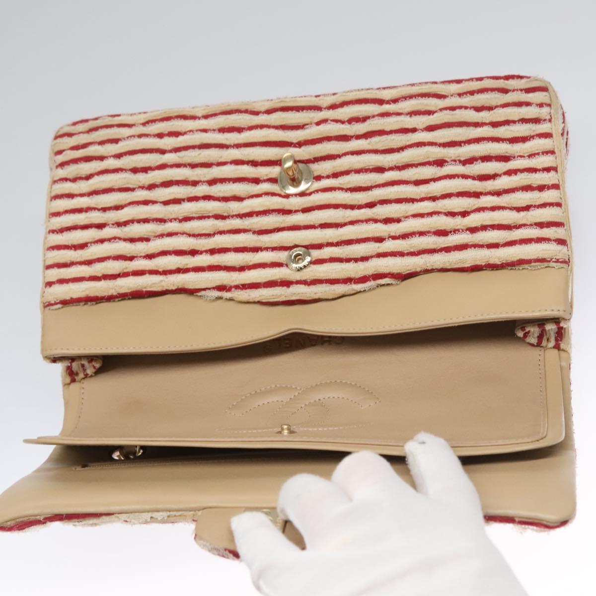 CHANEL Matelasse 25 Border Double Flap Chain Hand Cotton Red CC Auth 112984V