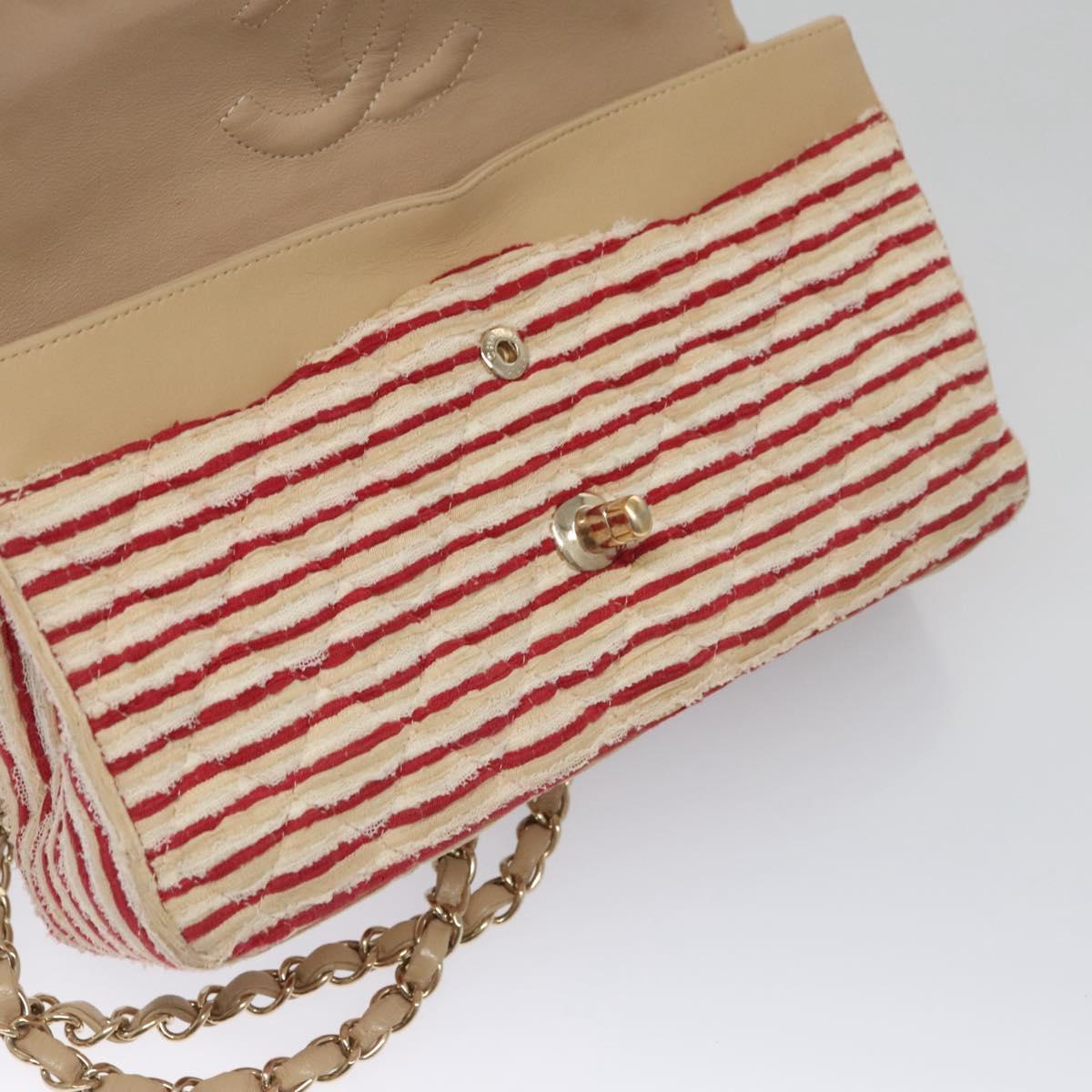 CHANEL Matelasse 25 Border Double Flap Chain Hand Cotton Red CC Auth 112984V