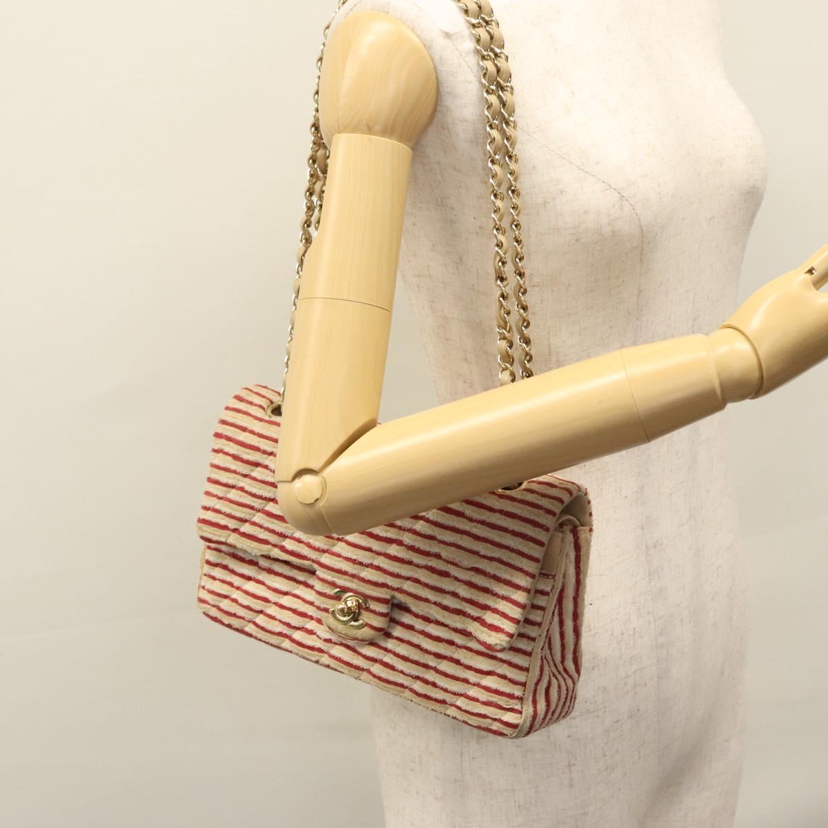 CHANEL Matelasse 25 Border Double Flap Chain Hand Cotton Red CC Auth 112984V