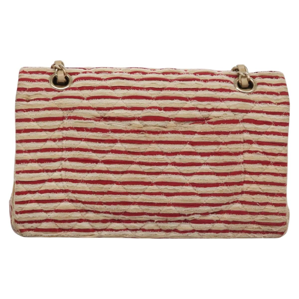 CHANEL Matelasse 25 Border Double Flap Chain Hand Cotton Red CC Auth 112984V