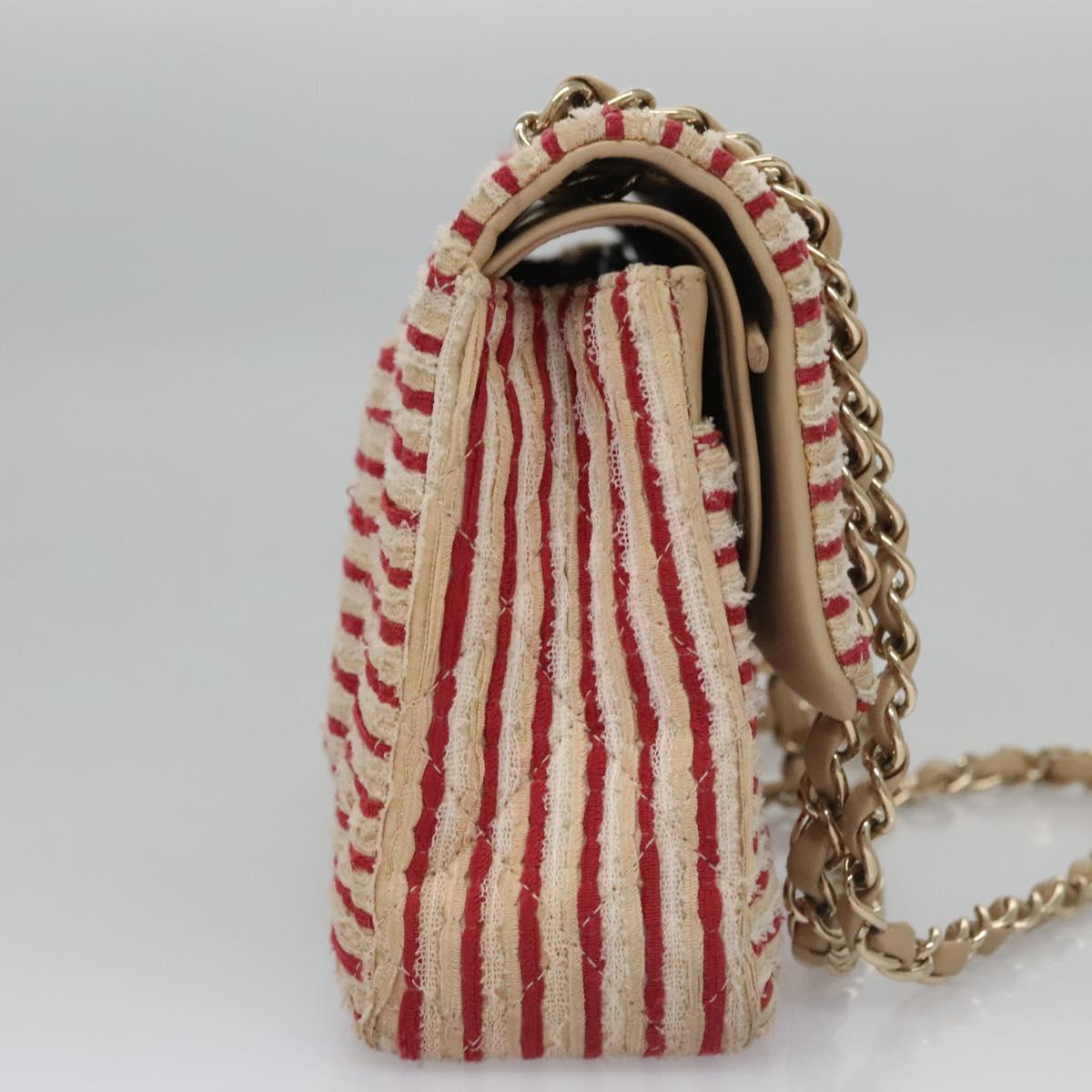CHANEL Matelasse 25 Border Double Flap Chain Hand Cotton Red CC Auth 112984V