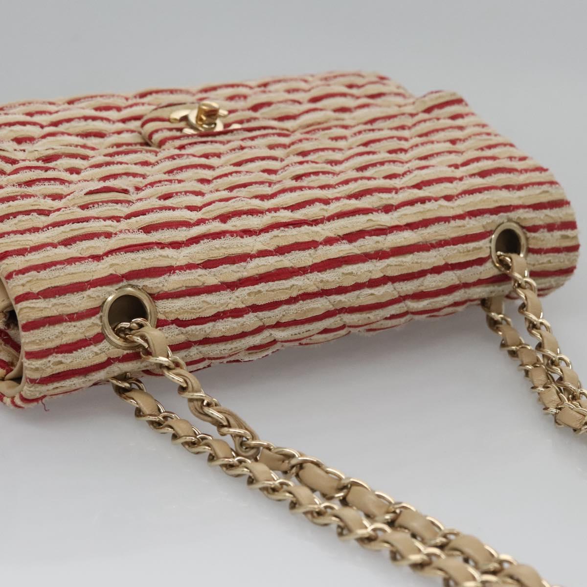 CHANEL Matelasse 25 Border Double Flap Chain Hand Cotton Red CC Auth 112984V