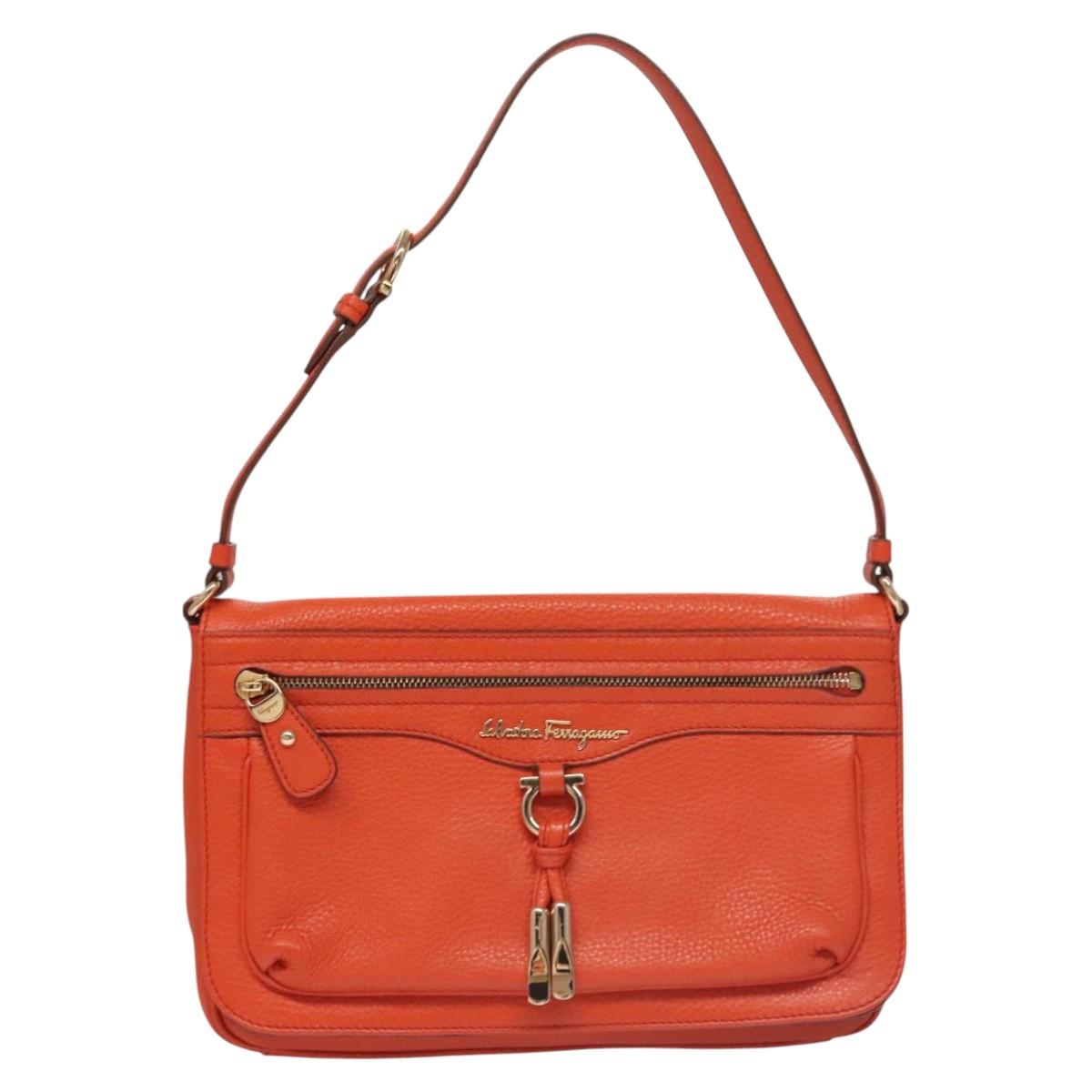 Salvatore Ferragamo Gancini Shoulder Bag Leather Orange Auth 113031