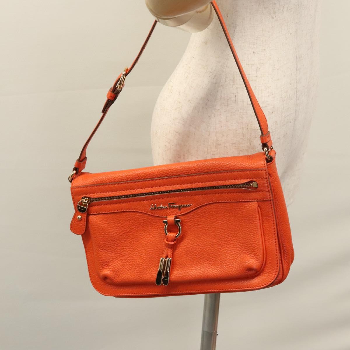 Salvatore Ferragamo Gancini Shoulder Bag Leather Orange Auth 113031