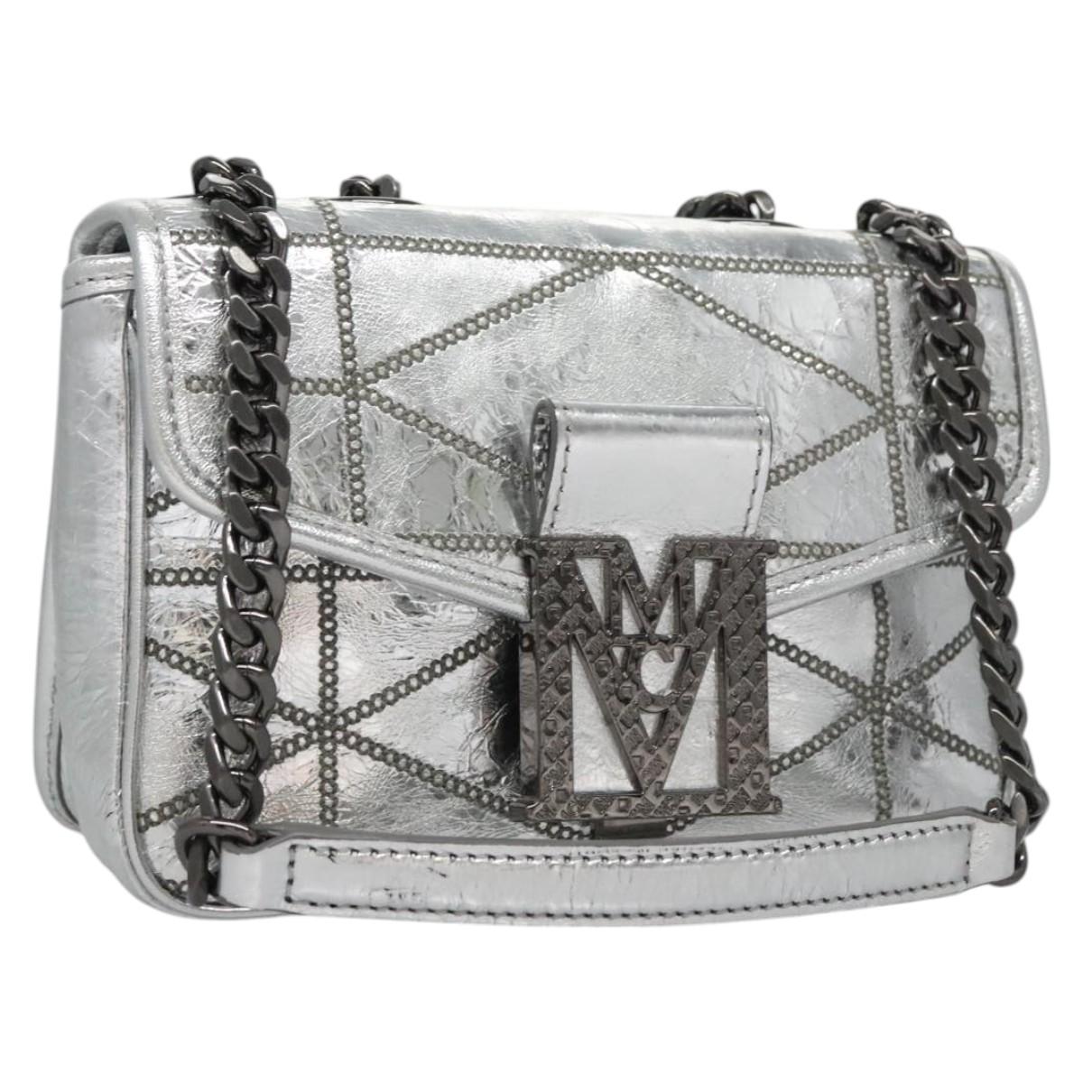 MCM Chain Shoulder Bag Leather Silver Auth 113036