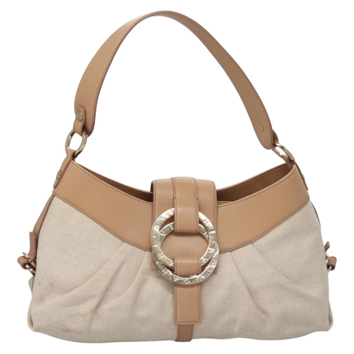 BVLGARI Chandra Shoulder Bag Canvas Beige Auth 113047
