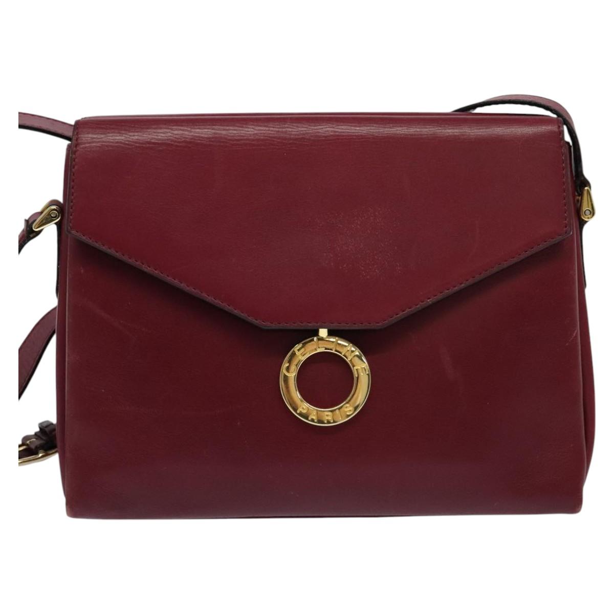 CELINE Shoulder Bag Leather Wine Red Gold Auth 113068