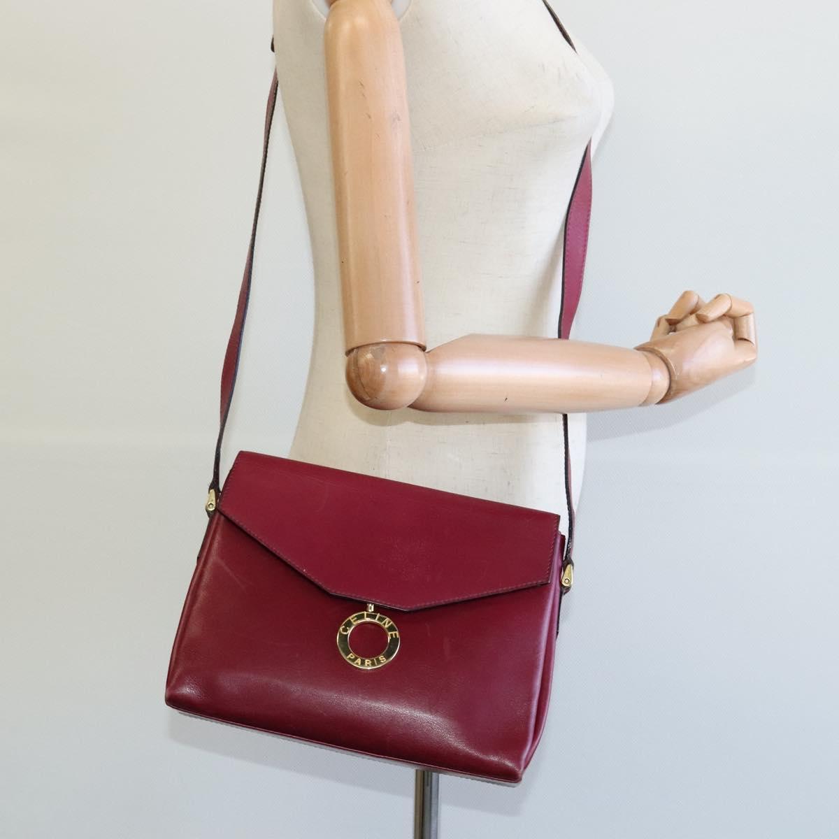 CELINE Shoulder Bag Leather Wine Red Gold Auth 113068