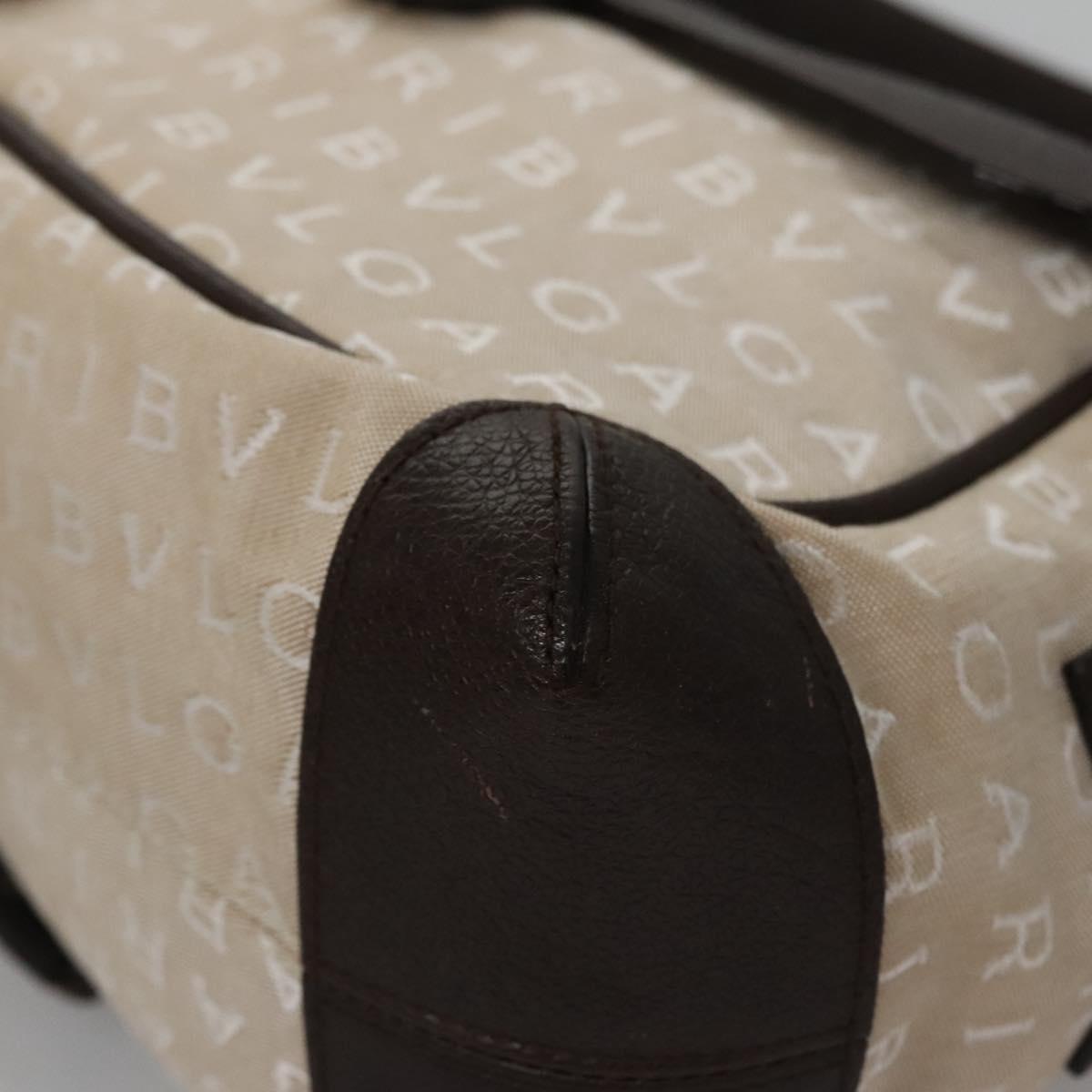 BVLGARI Hand Bag Canvas Leather Beige Brown Silver Auth 113142