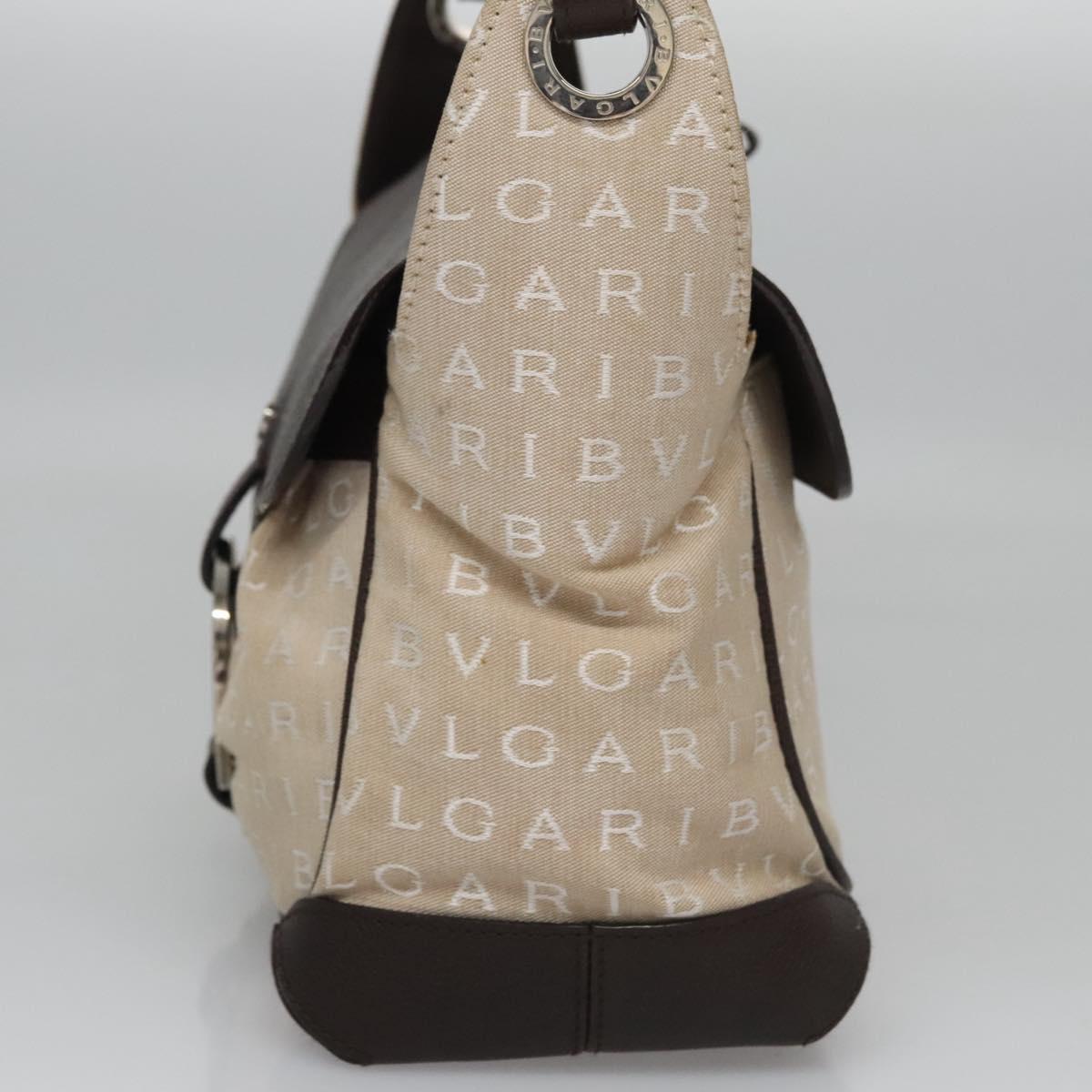 BVLGARI Hand Bag Canvas Leather Beige Brown Silver Auth 113142