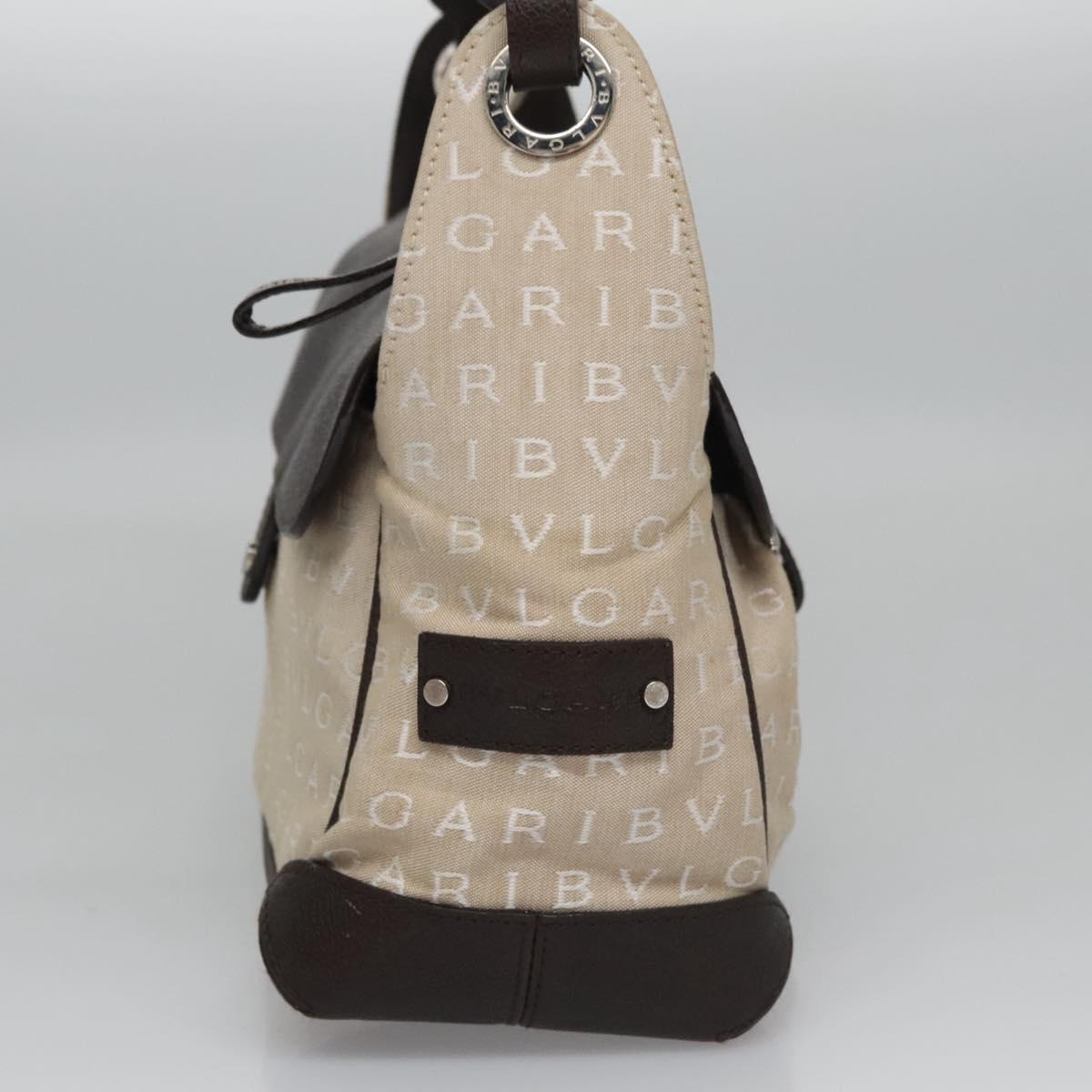 BVLGARI Hand Bag Canvas Leather Beige Brown Silver Auth 113142