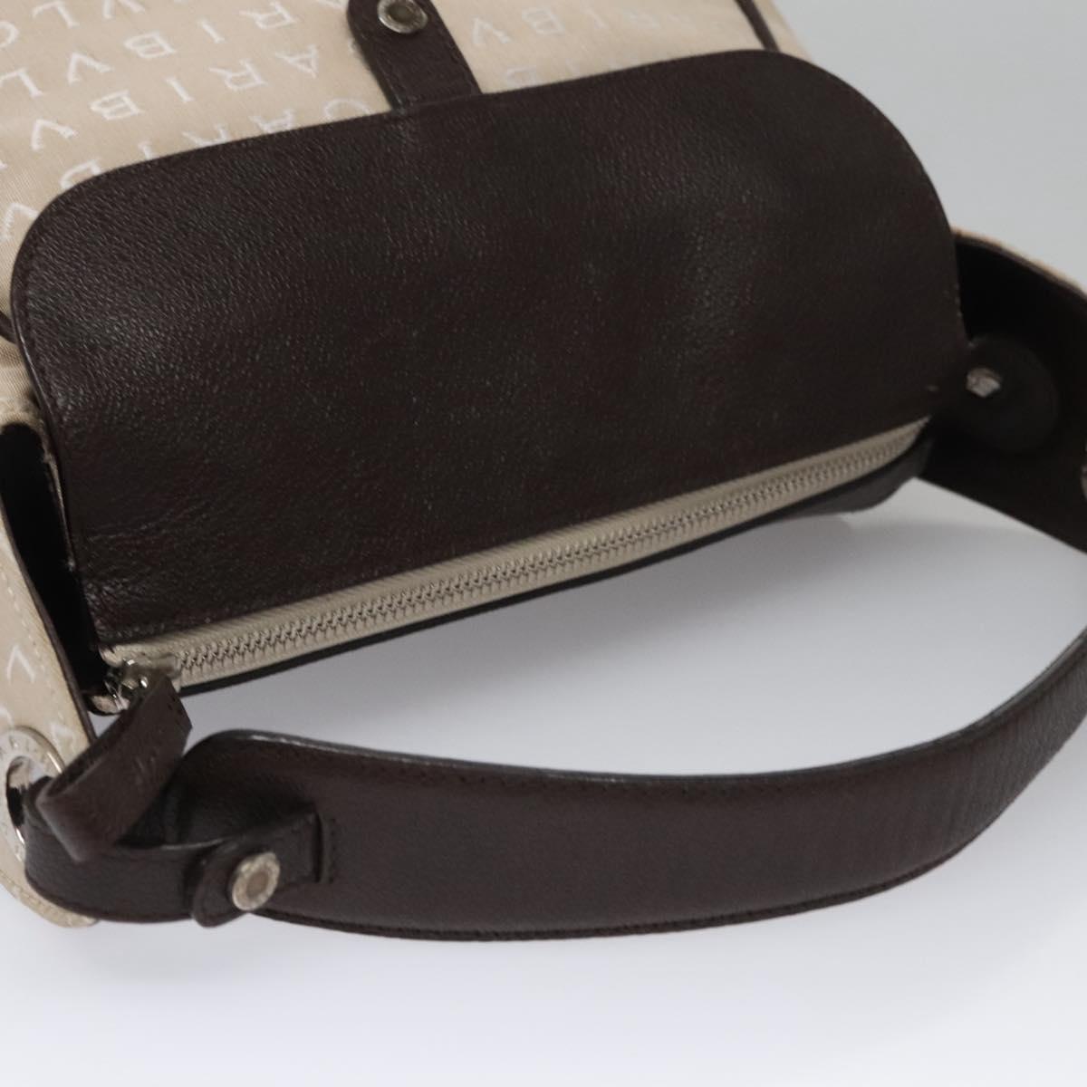 BVLGARI Hand Bag Canvas Leather Beige Brown Silver Auth 113142