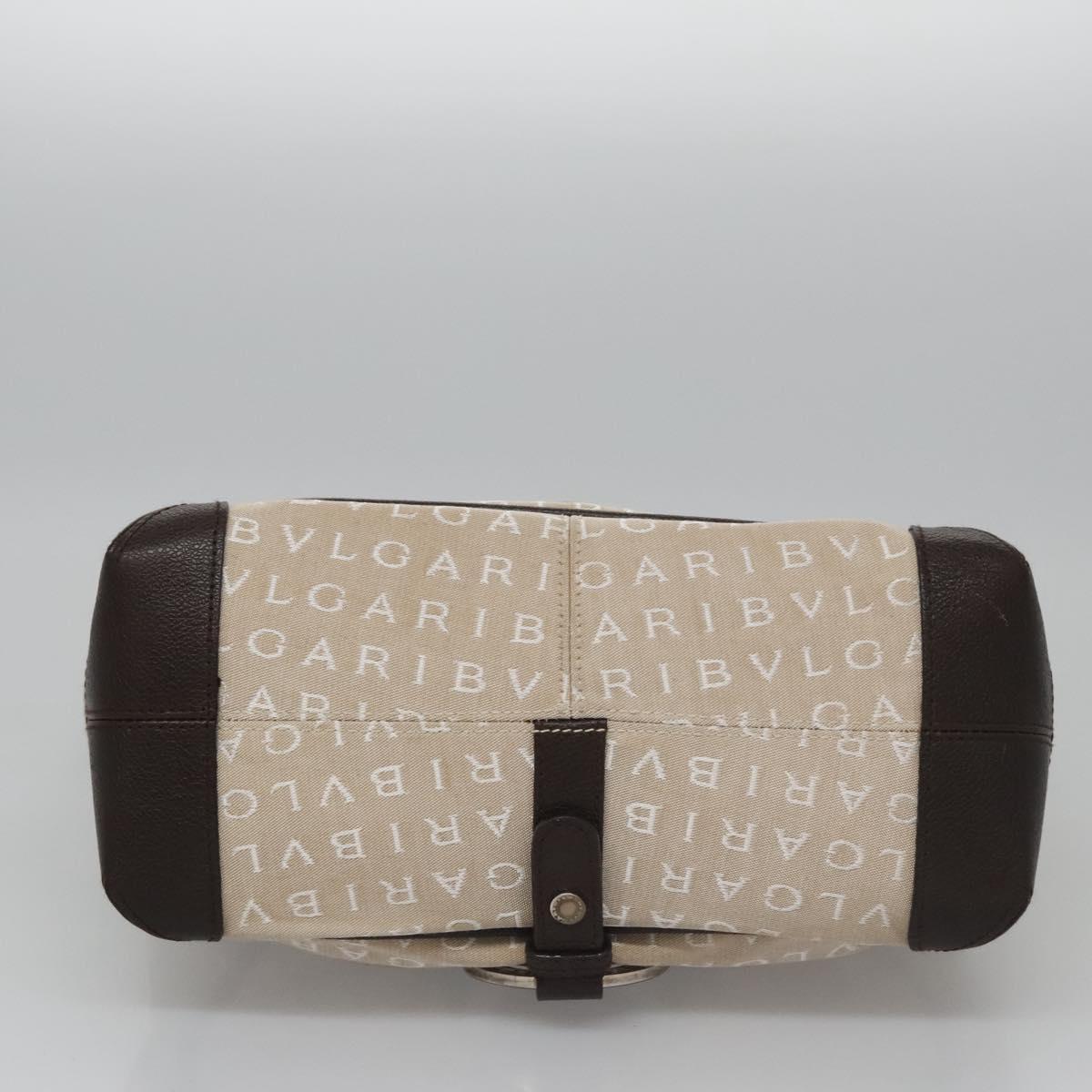 BVLGARI Hand Bag Canvas Leather Beige Brown Silver Auth 113142
