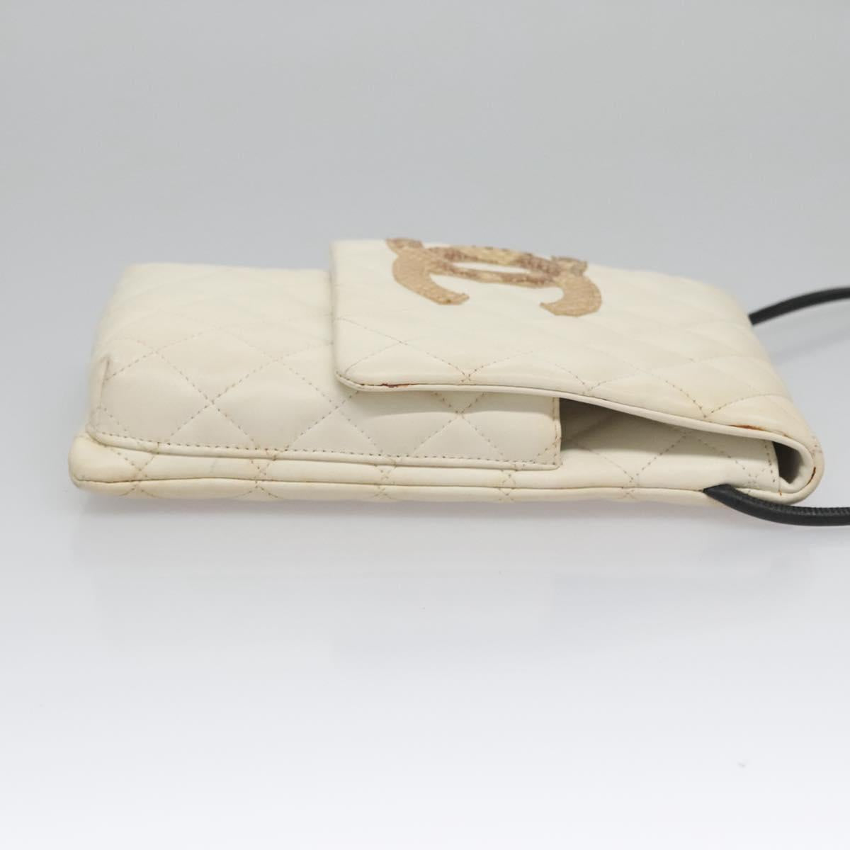 CHANEL Cambon Line Shoulder Bag Leather White Black Silver CC Auth 113231