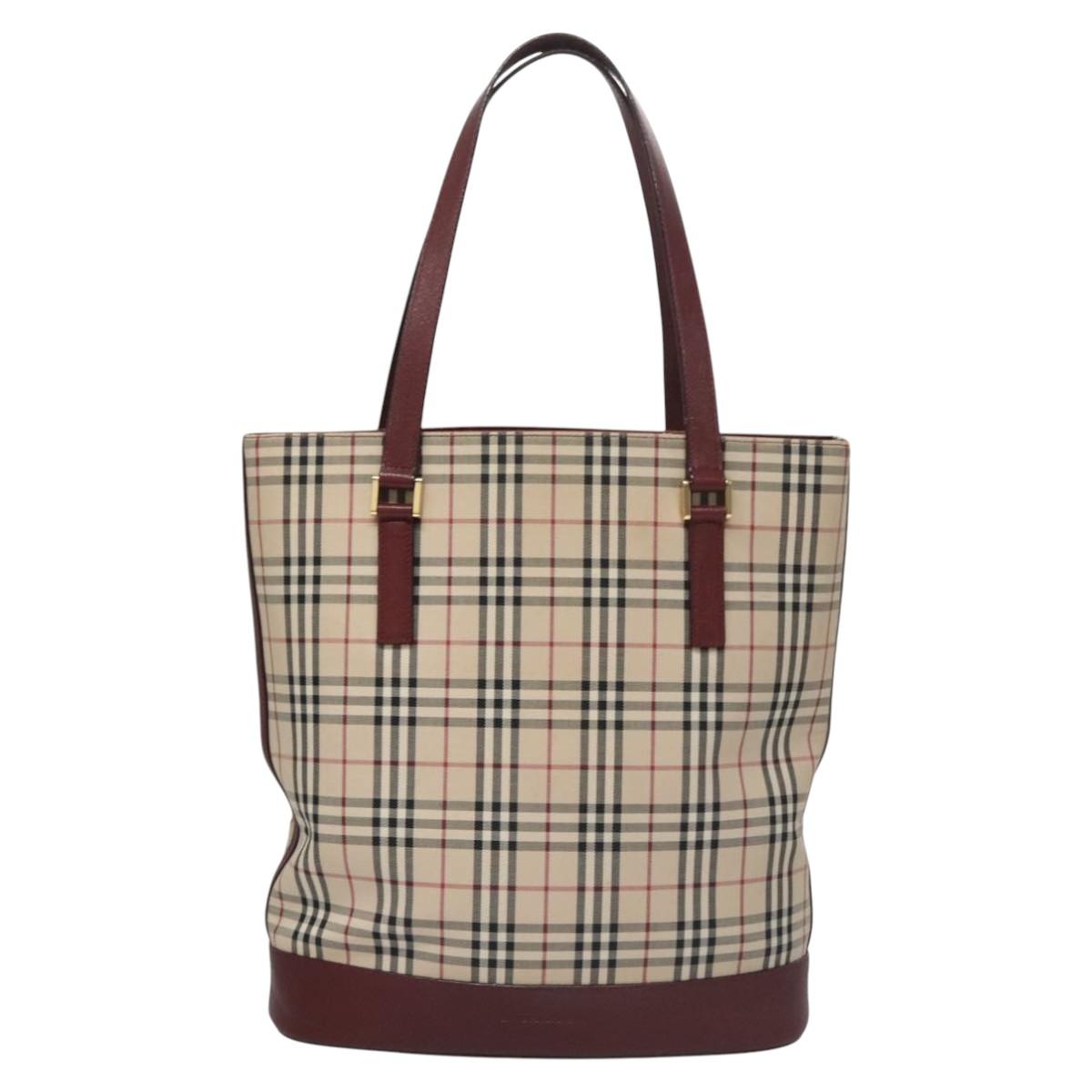 BURBERRY Nova Check Tote Bag Canvas Beige Red Auth 113236