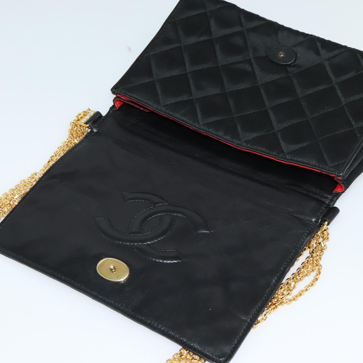 CHANEL Matelasse Chain Shoulder Bag Satin Black Gold CC Auth 113270AV