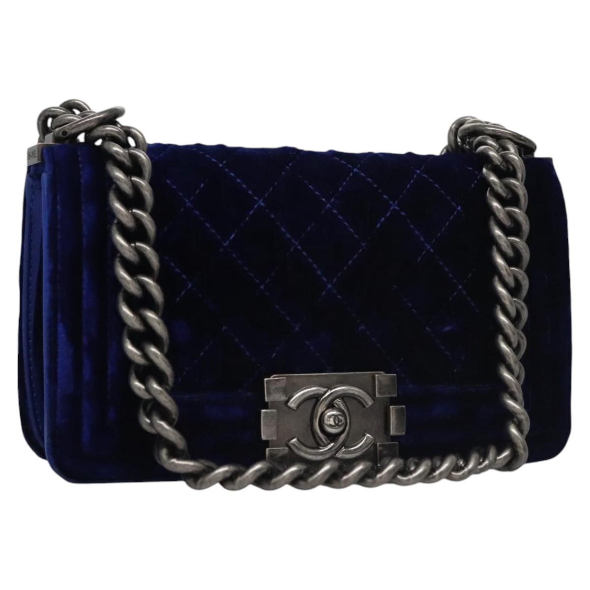 CHANEL Chain Boy Chanel Shoulder Bag Velor Blue CC Auth 113273