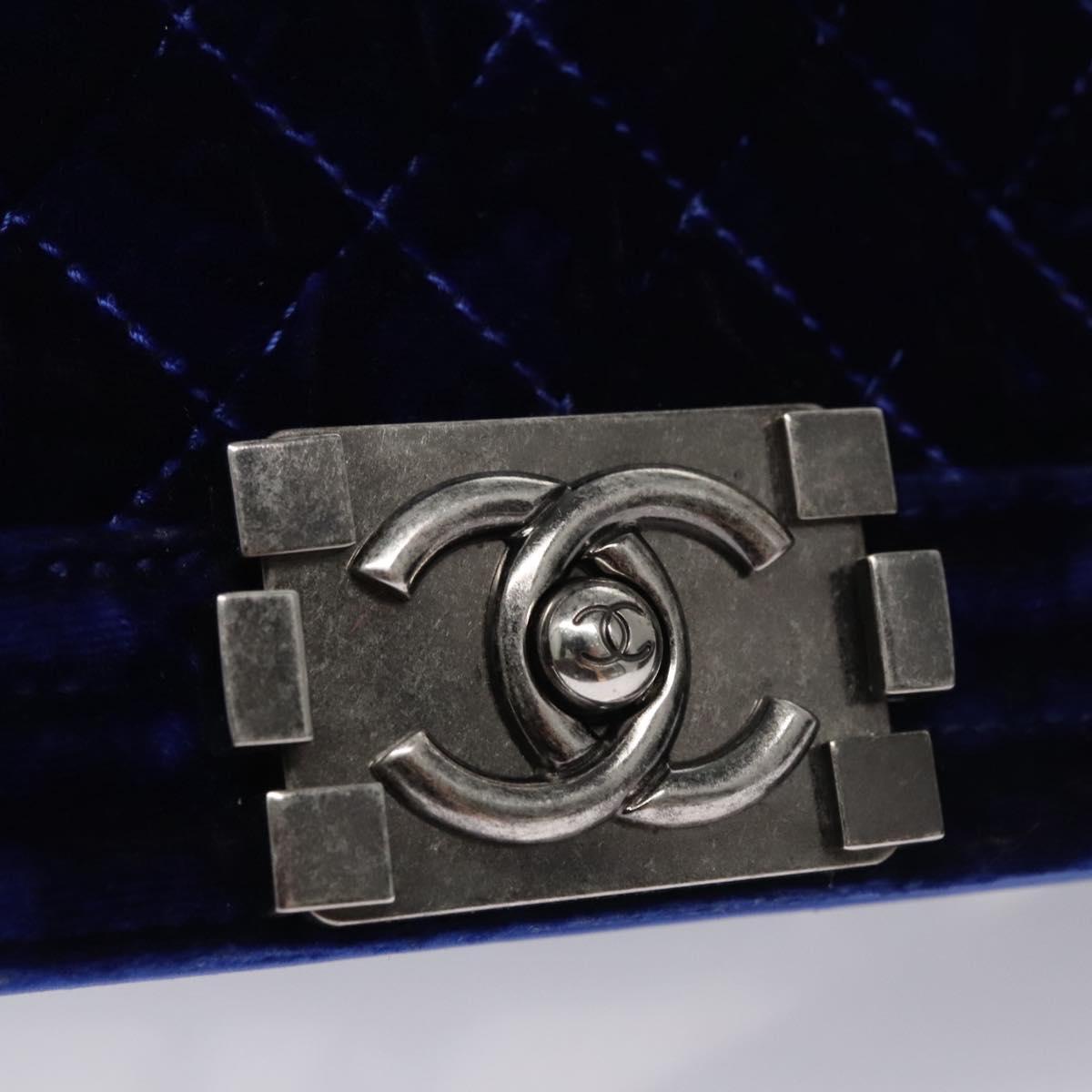 CHANEL Chain Boy Chanel Shoulder Bag Velor Blue CC Auth 113273
