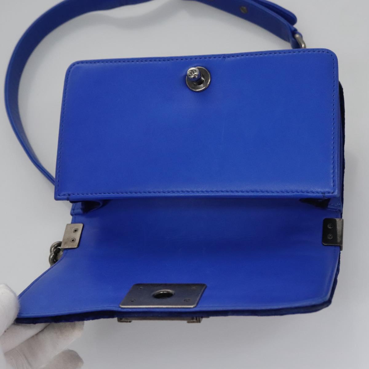 CHANEL Chain Boy Chanel Shoulder Bag Velor Blue CC Auth 113273
