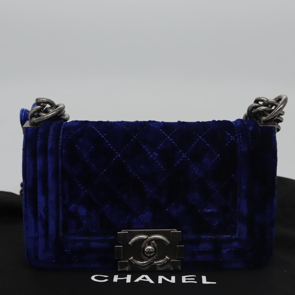 CHANEL Chain Boy Chanel Shoulder Bag Velor Blue CC Auth 113273