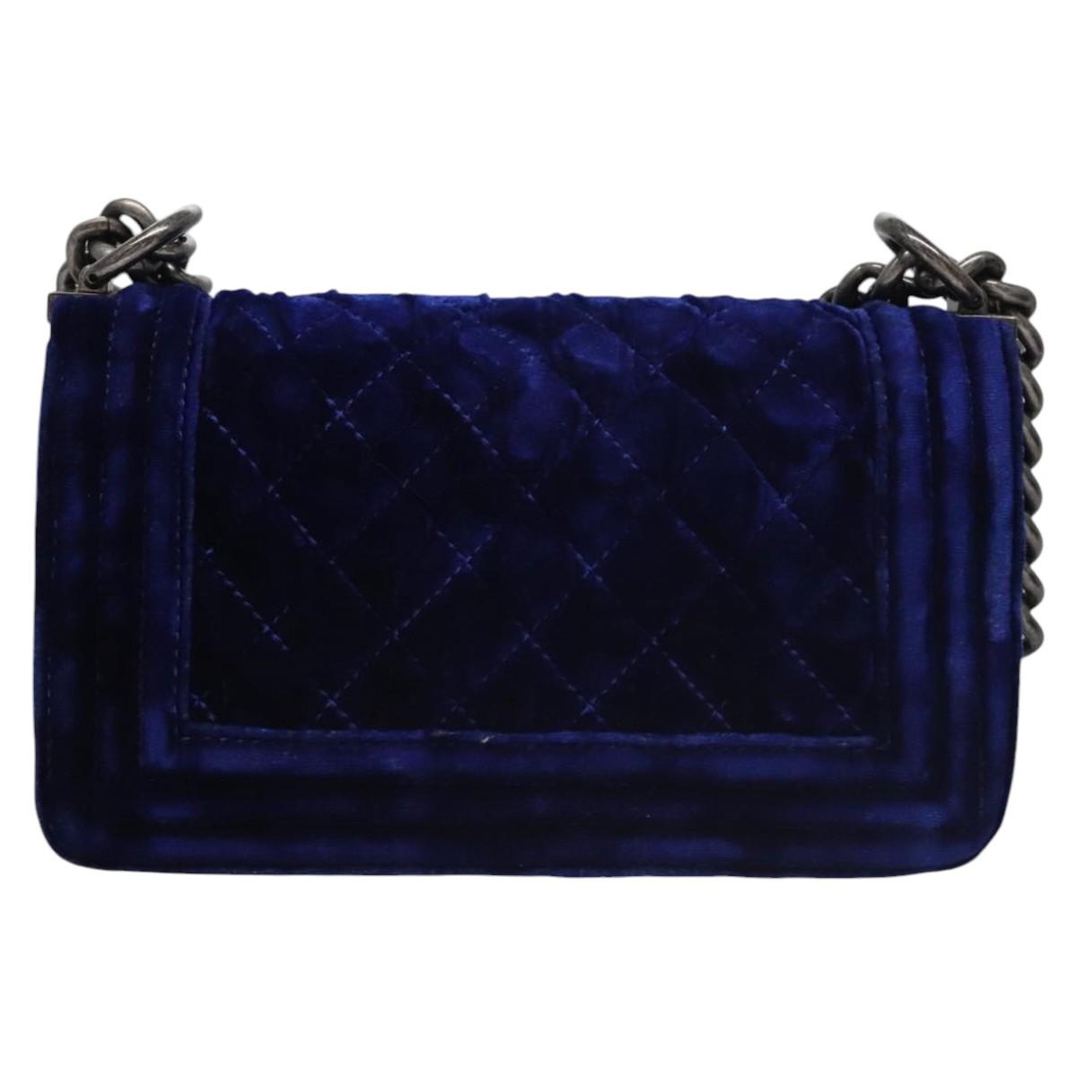 CHANEL Chain Boy Chanel Shoulder Bag Velor Blue CC Auth 113273