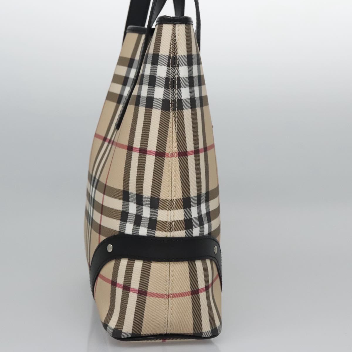 BURBERRY Nova Check Hand Bag PVC Beige Black Silver Auth 113312