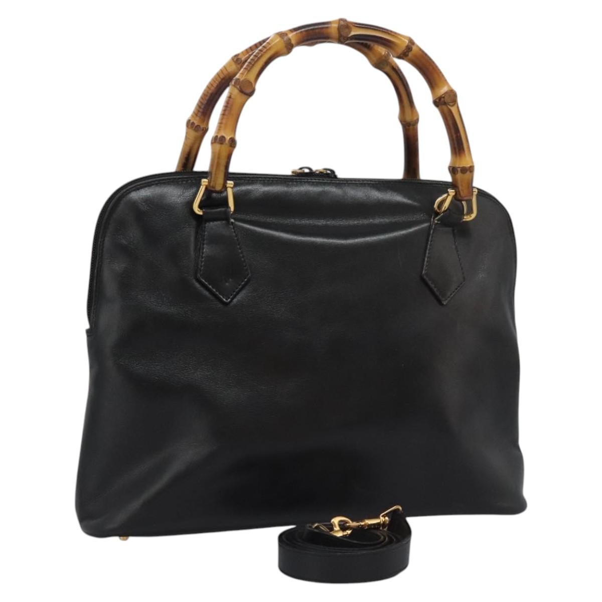 GUCCI Bamboo Hand Bag Leather 2way Black Gold 000 1186 0289 Auth 113468