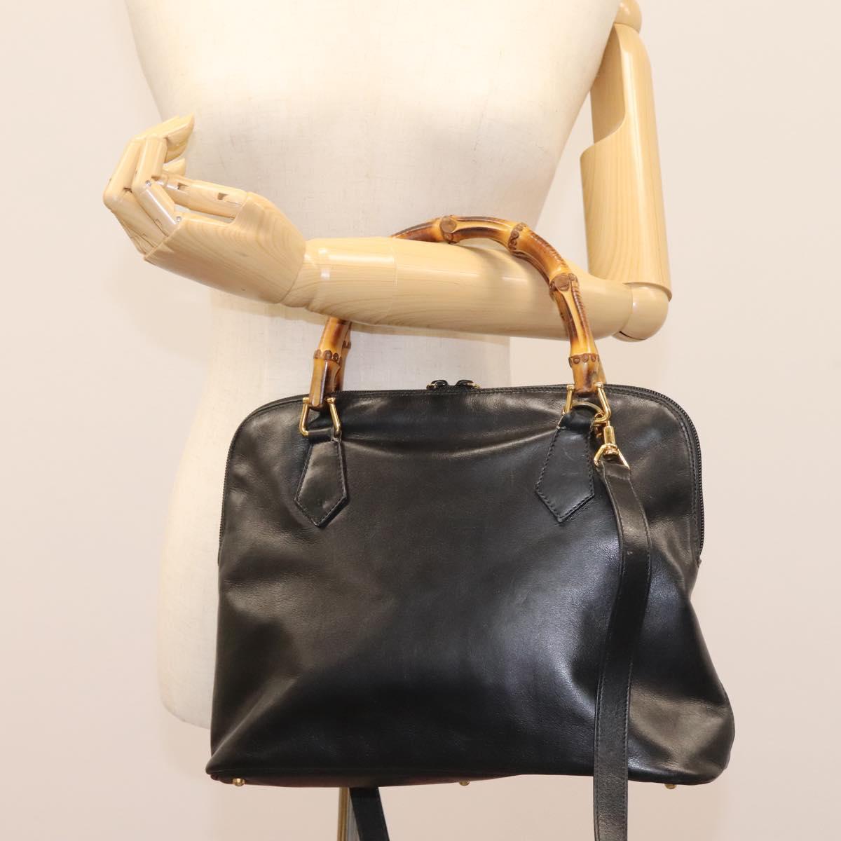 GUCCI Bamboo Hand Bag Leather 2way Black Gold 000 1186 0289 Auth 113468