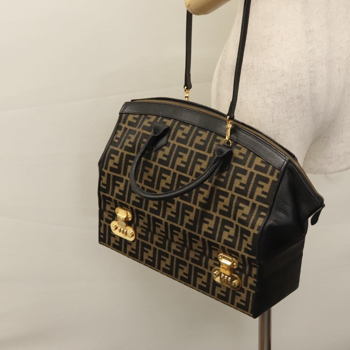 FENDI Zucca Canvas Hand Bag 2way Brown Black gold Auth 113513V