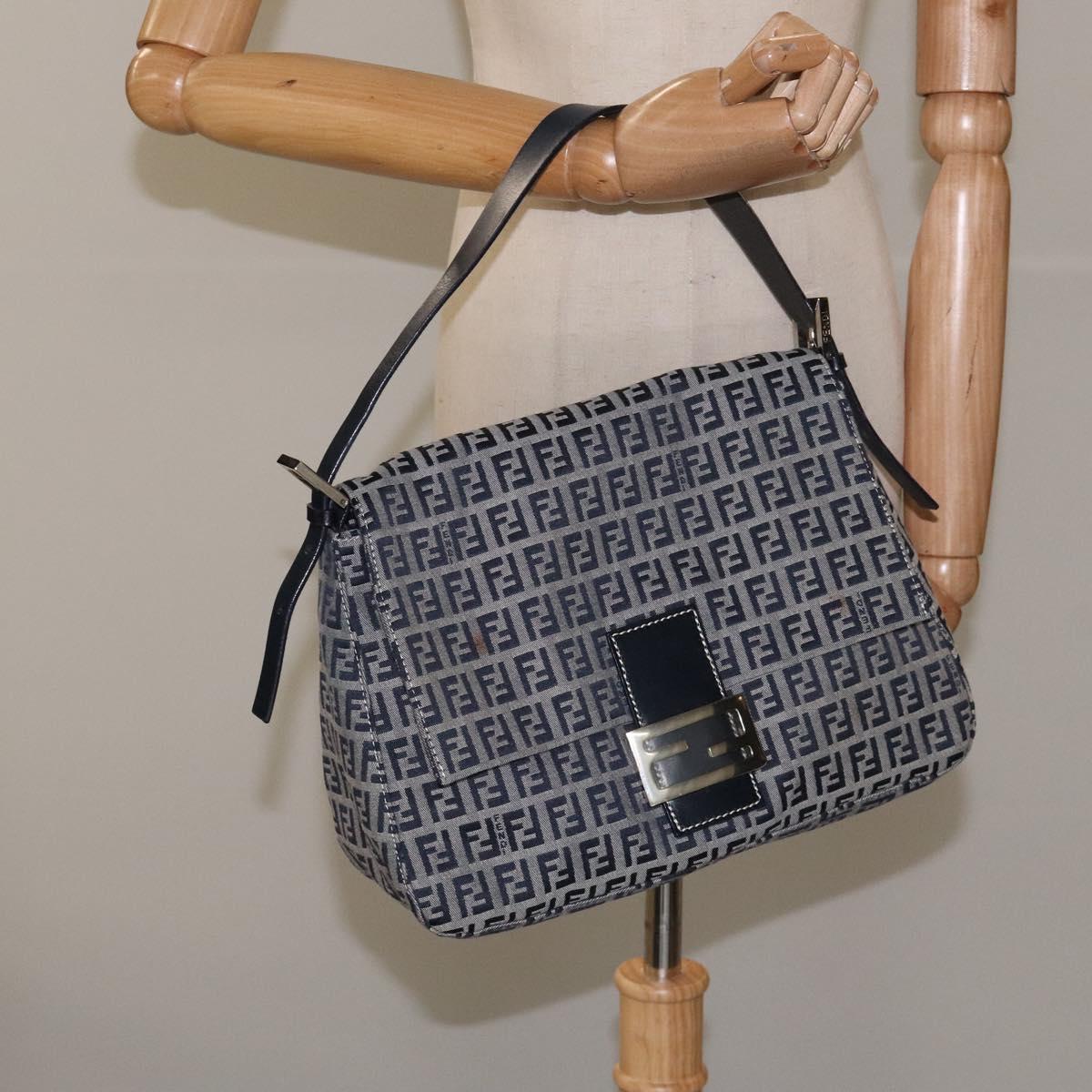 FENDI Zucchino Canvas Mamma Baguette Shoulder Bag Navy Auth 113562V
