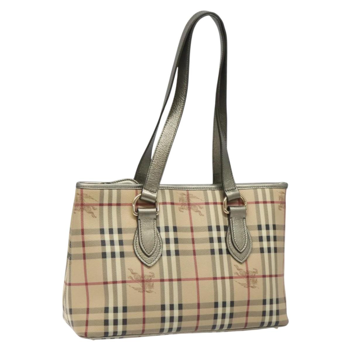 BURBERRY Nova Check Tote Bag PVC Leather Beige Silver Auth 113769
