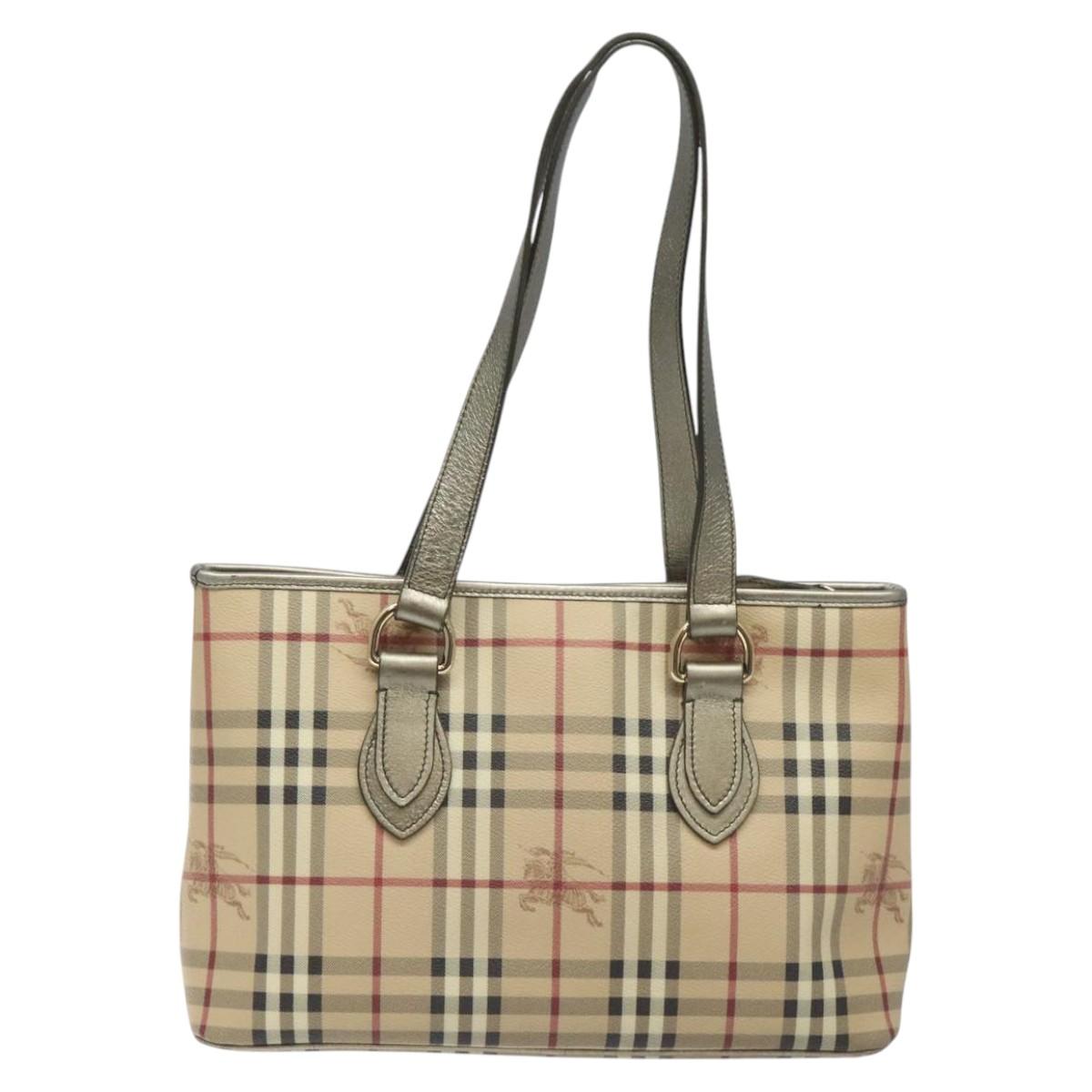 BURBERRY Nova Check Tote Bag PVC Leather Beige Silver Auth 113769