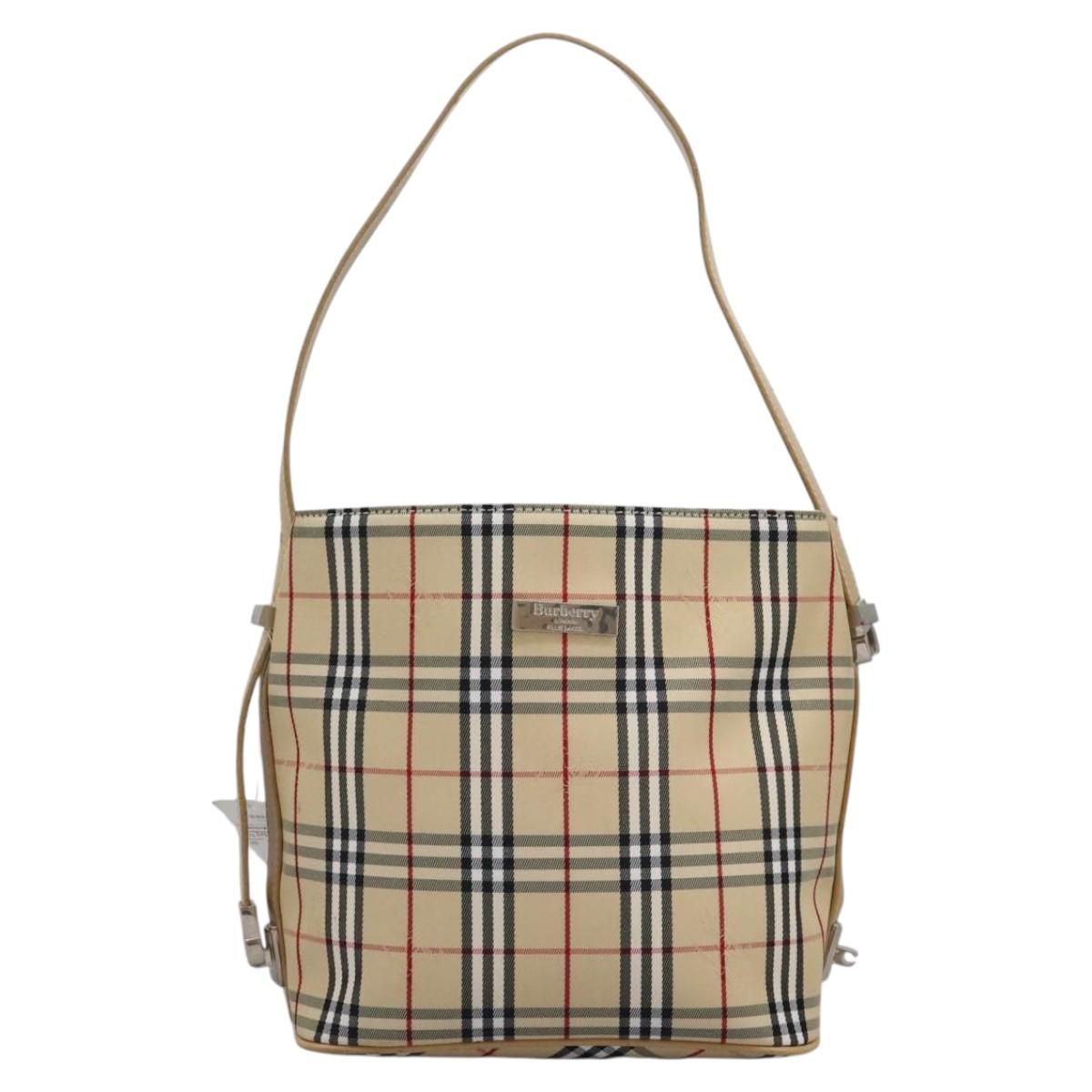 BURBERRY Nova Check Blue Label Shoulder Bag Canvas Beige Silver Auth 113784
