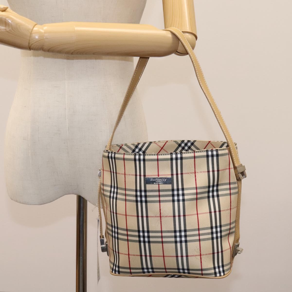 BURBERRY Nova Check Blue Label Shoulder Bag Canvas Beige Silver Auth 113784