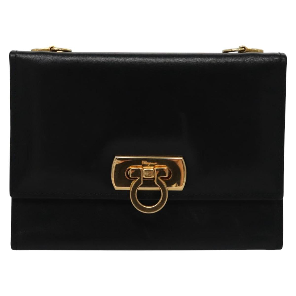 Salvatore Ferragamo Gancini Shoulder Wallet Leather Black Gold Auth 113832