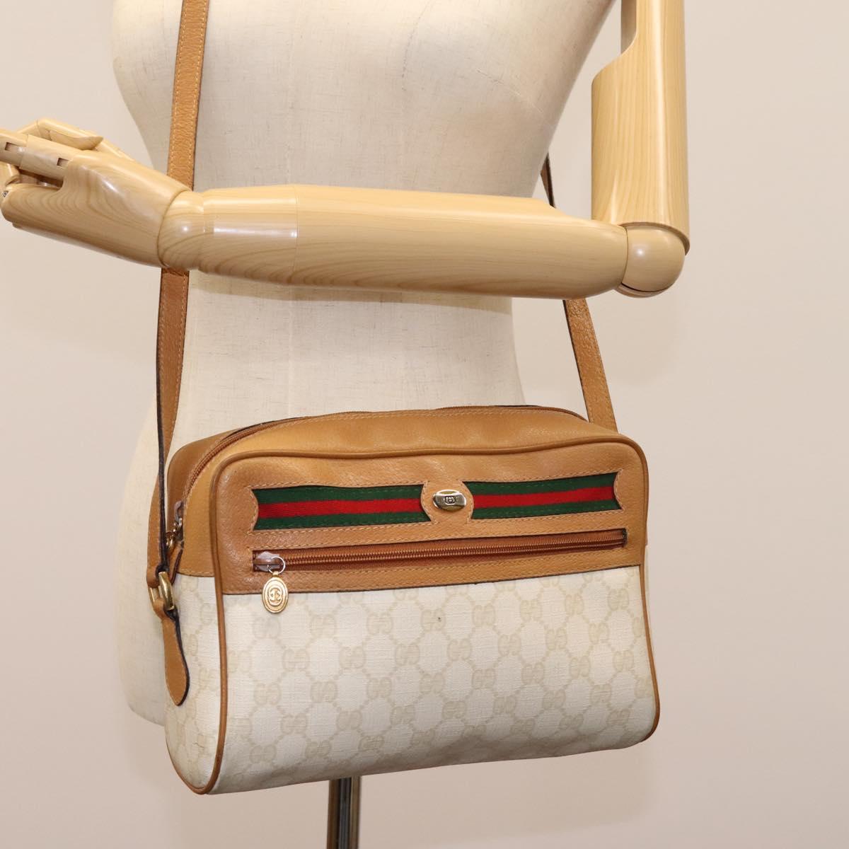 GUCCI GG Supreme Web Sherry Line Shoulder Bag PVC Beige Gold Auth 113857