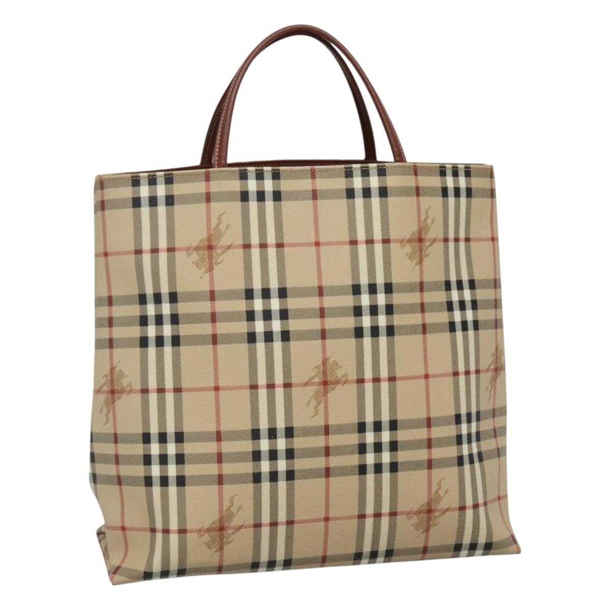 BURBERRY Nova Check Hand Bag PVC Leather Beige Auth 113948