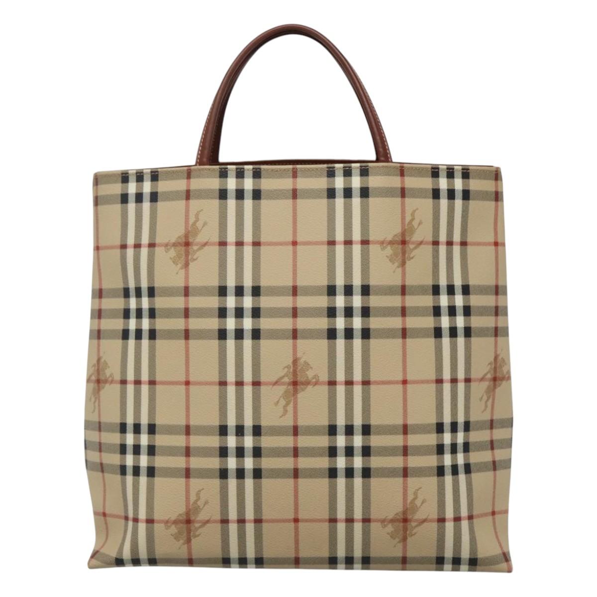 BURBERRY Nova Check Hand Bag PVC Leather Beige Auth 113948