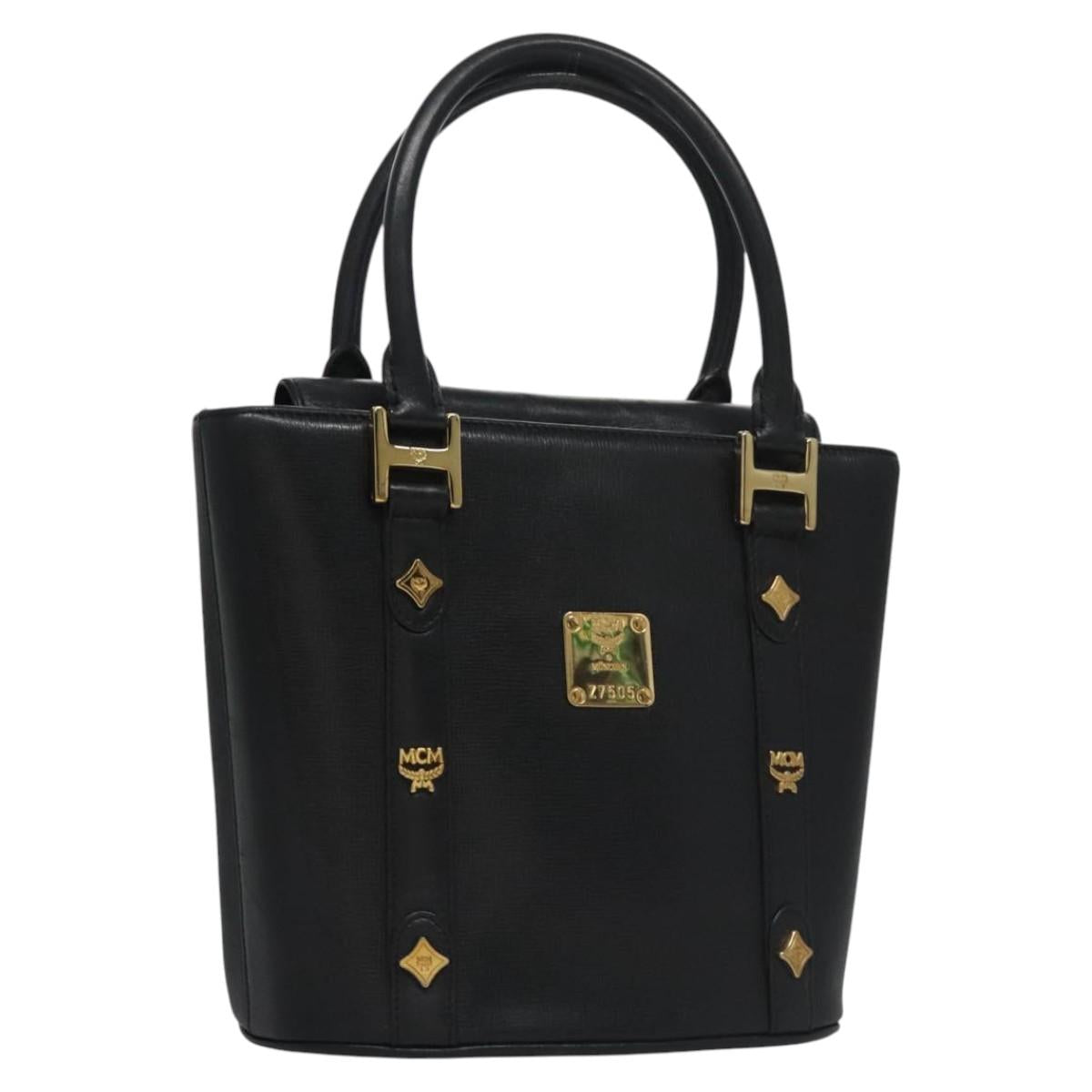 MCM Hand Bag Leather Black Gold Auth 114096